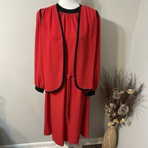 Vtg Kohler Collection 2pc Set Red Midi Dress Black Trim Long Sleeve & Vest Sz 16